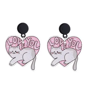 Pendientes de acrílico de gato lindo con corazón rosa y texto de amor para mujer.