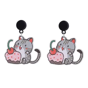 Lindos pendientes de tuerca de gato gris acrílico cupcake regalo joyería divertida chic