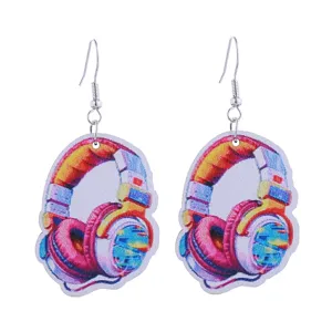 Bunte retro kopfhörer druck holz hängende ohrringe mode statement ohrhänger für frauen schmuck