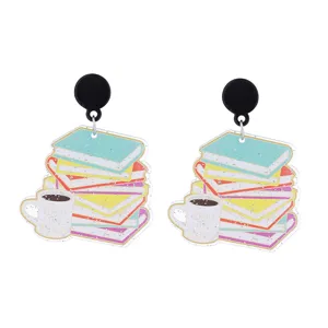 Acrylic book stack and coffee cup drop earrings for teacher graduation gifts daily wear