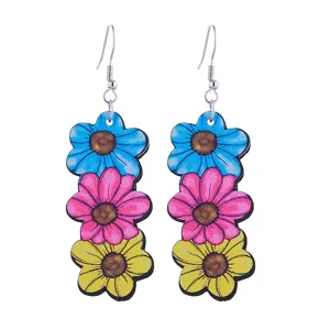 Bunte hölzerne Blumen Ohrhänger im Vintage-Stil, leicht und modisch für die Damen.