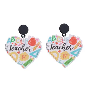 Teacher theme acrylic earrings with heart shape and cute school elements for daily wear.