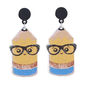 Cute acrylic pencil earrings for teachers, funny cartoon crayon student gift jewelry drop dangles.