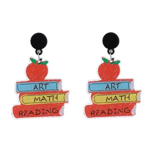 Colorful acrylic teacher theme book apple dangles earrings for graduation season gifts