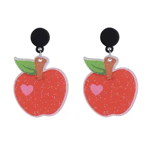 Red glitter apple acrylic earrings cute teacher gift dangle earrings fashion jewelry