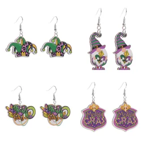Mardi Gras Holzohrringe Set mit Narrenkappe und Zwerg Design für Karneval und Feste.