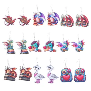 Preppy Style Wooden Earrings Fantasy Dragon And Books Design For Book Lovers Graduation Gift Creative Cartoon Animal Bird Backpack Goose Drop Earrings