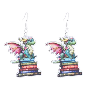 Cute fantasy dragon book stack wooden dangle earrings for book lovers and school season wear.