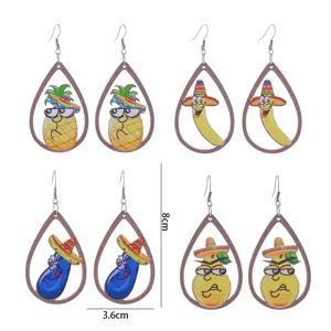 Mexikanische Holz Tropfen Ohrringe mit lustigem Frucht Druck, bunte Party Ohrschmuck.