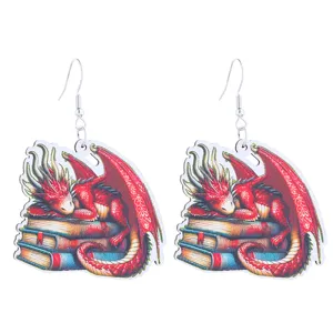 Fantasy sleeping red dragon on books wooden earrings creative book lover drop earrings