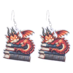Fantasy dragon wooden earrings for book lovers, cute school style cute animal dangling jewelry.