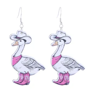 Cute cartoon goose earrings with cowboy hat and pink boots, playful drop dangle jewelry.