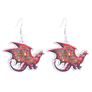 Fantasy dragon and books wooden drop earrings for back to school book lovers college style.