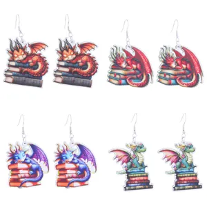 Cute fantasy dragon and books wooden earrings, creative back-to-school jewelry gifts.