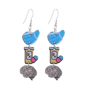 Creative medical theme wooden drop earrings with nurse mask pill brain design for daily wear.