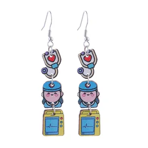 Wooden nurse theme drop earrings with stethoscope and monitor charms, lightweight jewelry.