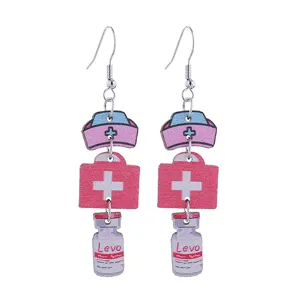 Cute nurse wooden drop earrings, medical theme stethoscope first aid long dangle jewelry
