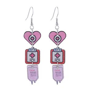 Cute nurse theme wooden earrings long drop design medical stethoscope heart shape jewelry for women