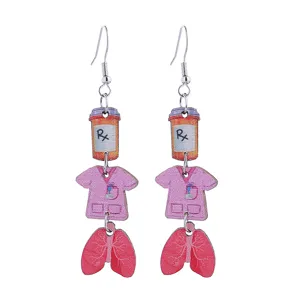 Nurse themed wooden drop earrings, lightweight creative medical doctor jewelry details.
