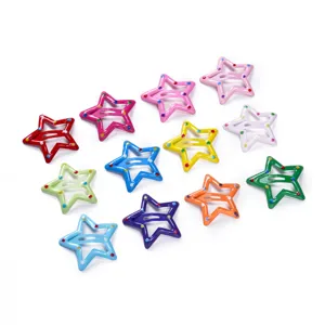 Close-up detail of colorful star hair clips, cute hollow metal BB clip accessories for kids.