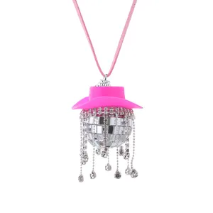 Rosa Cowboyhut Disco Spiegelkugel Auto Hängeornament Strass Fransen Rückspiegel Deko