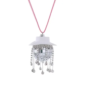 Rosa Cowboyhut Disco Kugel Autoanhänger Rückspiegel Strass Quaste Deko Anhänger