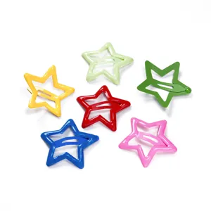 Close-up shot of vibrant colorful hollow star metal snap hair clips showing details.