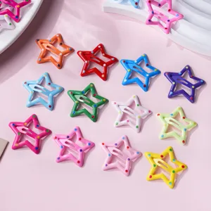 Colorful star hair clip detail shot, cute enamel pentagram snap clip for kids daily wear.
