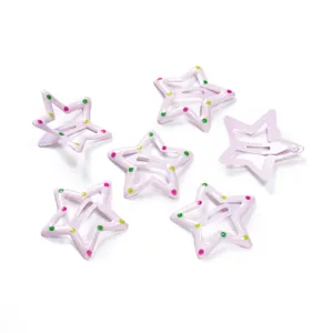 Pink star hair clips with colorful dots, cute metal BB clips for kids daily hair styling.