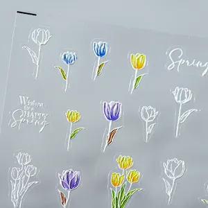 Minimalist tulip nail stickers, thin adhesive nail art decals, spring floral manicure design.