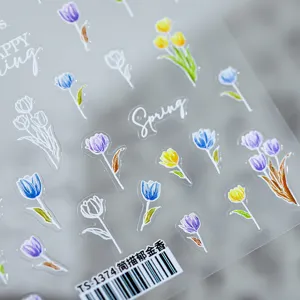 Minimalist tulip nail art stickers, transparent backing adhesive nail decals for manicure design.