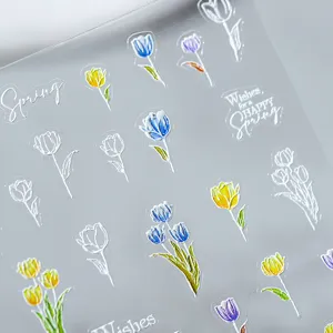 Embossed tulip adhesive nail art stickers spring floral design manicure decals sheet