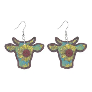 Sonnenblumen Kuhkopf Holzohrringe, Western Cowboy Stil Vintage Ohrhaenger fuer Damen.