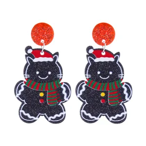 Christmas acrylic black cat gingerbread earrings, cute holiday glitter stud jewelry for women.