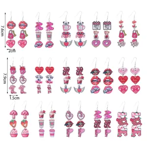 Valentinstag Holz bedruckte lange Ohrringe mit Herz und Lippen Design für Partykleidung