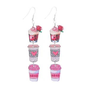 Valentinstag Kaffee Tasse Leoparden Herz Holz Lange Hänge Ohrringe für Party Fest Schmuck