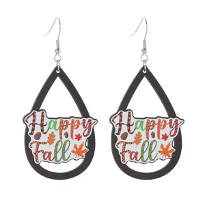 Herbst Thanksgiving Holz Tropfen Ohrringe mit Happy Fall Druck und Metall Haken Detail Ansicht