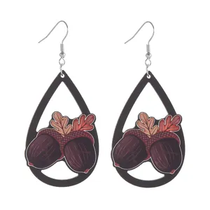 Herbst Thanksgiving Holz Tropfen Ohrringe mit süßem Eichel und Eichenblatt Design für Damen.
