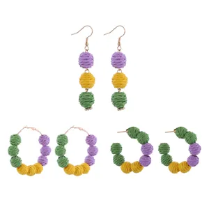 Handgeweven Stro Kralen Oorbellen Feestelijke Driekleurige Geometrische Hanger Oorbellen Carnaval Parade Statement Sieraden Voor Vrouwen Feest