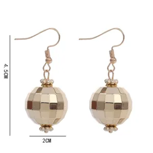 Retro gold disco ball dangle earrings, 4.5cm drop vintage sphere hook earrings for women