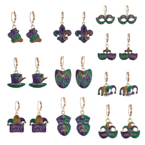 Mardi Gras Festif Alliage Boucles d'Oreilles Créoles Paillettes Émail Masque Chapeau Couronne Fleur de Lys Boucles d'Oreilles Pendantes pour Femme Fête Carnaval Bijoux