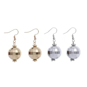 Retro disco ball earrings, vintage 70s 80s punk style, gold and silver drop dangles.