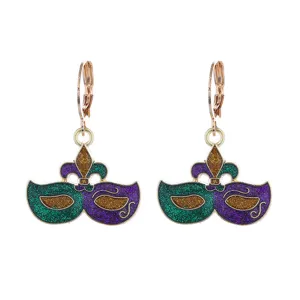 Boucles d'oreilles masques pailletes de Carnaval avec emaillage vert violet et details dores.