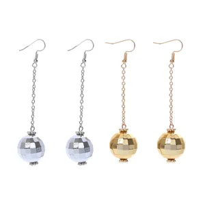 Vintage disco ball long dangle earrings 80s 70s retro punk style silver gold metal ear hooks