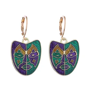 Boucles d'oreilles masque de carnaval tendance émail pailleté violet vert or fête