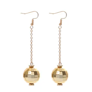 Retro gold long dangle earrings with faceted disco ball pendant for women fashion.