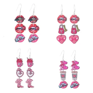 Valentinstag kreative Holz bedruckte lange Ohrringe mit roten Lippen und Herzen Design.