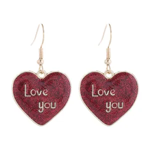 Rote Glitzer Herz Ohrringe mit Liebesbrief Detail fur Damen Alltag Mode Accessoire Schmuck.