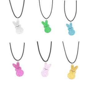 Ostern glitzer Acryl Hase Anhänger schwarze Kordel Halskette Set süß bunter Kaninchen Schmuck.
