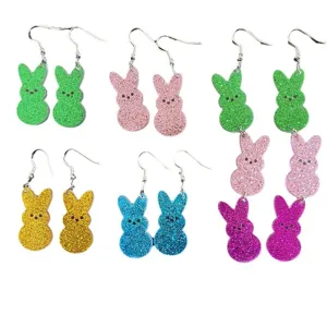 Bunte Glitzer Acryl Osterhase Ohrringe Set, süße mehrfarbige Tier Hänge Ohrschmuck für Damen